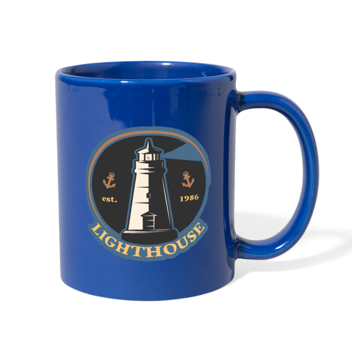 Lighthouse/ Home Is Where The Waves Crash.  Full Color Mug - royal blue