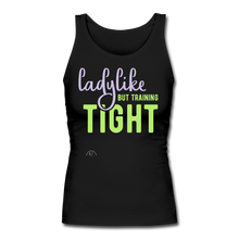 Load image into Gallery viewer, Ladylike But Training Tight-Women&#39;s Longer Length Fitted Tank - black